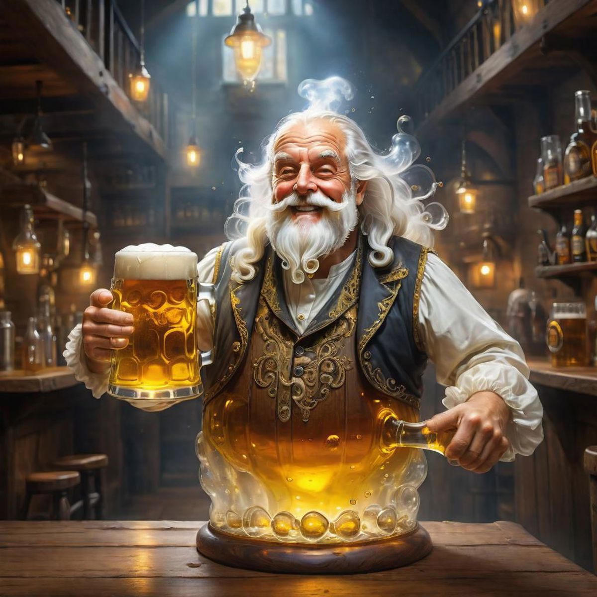Santa Claus holding a beer in a bar setting.