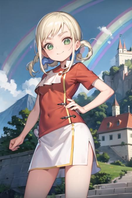 ojaskmmkcs, standing, smile, castle, mountain, rainbow  <lora:asuka-momoko-casual:1>