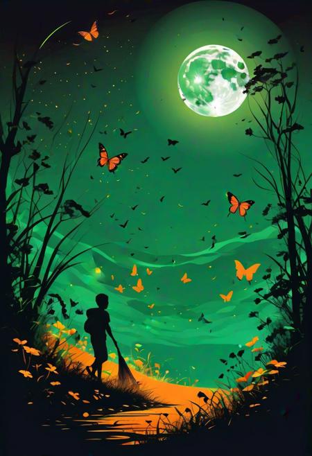 Black and white silhouette vector art, (Moonlit night:1.2), Kids playing in the distance, (Sweeping light:1.3), Flower-shaped glow, Butterflies in flight, (Vibrant green and orange accents:1.2), Noir art style, Dramatic composition, Intricate details, Enchanting atmosphere.