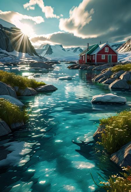 (ultra high res:1.4), (masterpiece), (beautiful lighting:1.4) , greenland greenery,  greenland river, icy water water, forest, Greenlandic homes and cabins,  sunlight illuminates the icy water, (deep underwater), anime, above water, (clear underwater), beautiful sky with clouds,  depth