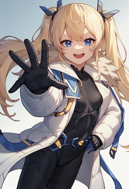 laplace, blonde hair, twintails, long hair, hair ornament, blue eyes, bandaid on face, black bodysuit, small breasts, white coat, fur trim, belt, gloves laplace, blonde hair, twintails, long hair, blue eyes, small breasts smug, smile, open mouth