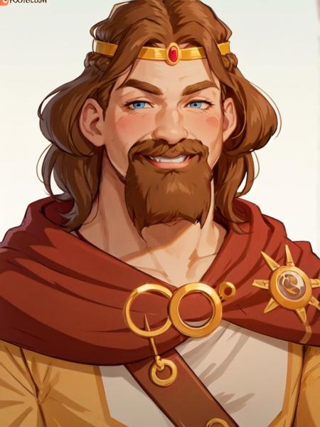 knyazkiv, solo, looking at viewer, smile, blue eyes, brown hair, 1boy, upper body, male focus, cape, facial hair, blush stickers, thick eyebrows, crown, beard, circlet, mustache, red cape <lora:knyazkiv-15:0.6>