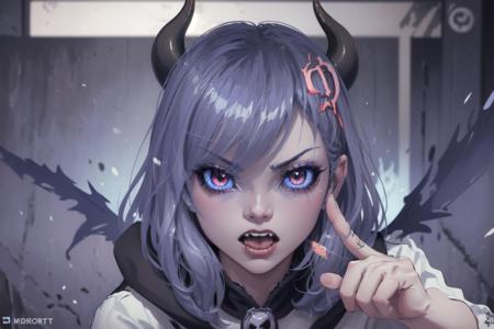 <lora:Discordchan:1> Discord-chan,(detailed face and eyes:1.3),1girl,<lyco:DemonicT:0.5>,DemonicT,sclera,(horns:1.2),(wings:1.2),colored sclera,demon wings,(demon horns:1.1),slit pupils,Ultra-detail,(highres:1.1),best quality,(masterpiece:1.3),cinematic lighting, angry, Striking hand poised reach,