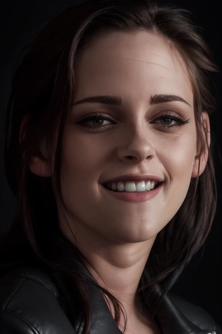 SFW, best quality, extra resolution, rare angle, close up portrait of (AIDA_LoRA_KristenBrunette:1.33) <lora:AIDA_LoRA_KristenBrunette_n0:0.6> as beautiful woman wearing leather coat, smiling, perfect teeth, naughty, flirting with camera, funny, happy, dynamic pose, dolly short, cinematic, studio photo, (black background:1.3), kkw-ph1, dark theme <lora:LowRA:0.2>