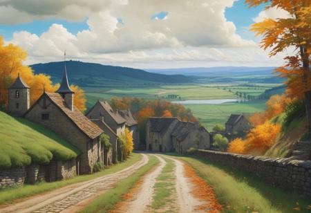 ultra highres, (masterpiece), (best quality), (hyper quality), highly detailed, digital art, (sharp focus), smooth painting, (anime background illustration:1.2), (cel anime), pastel color, scenic, autumn walk, (medieval fantasy), very old small medieval village (far in the distance:1.5), warm colors, [yellow brown landscape],