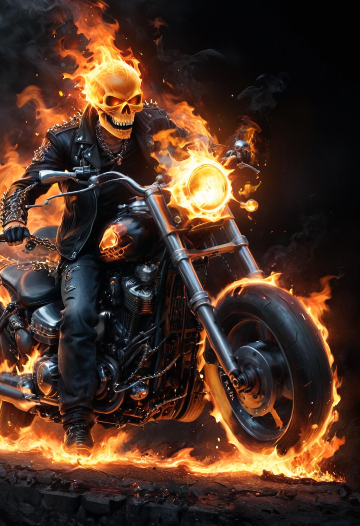 Skull on Flaming Motorcycle with Fire and Steam