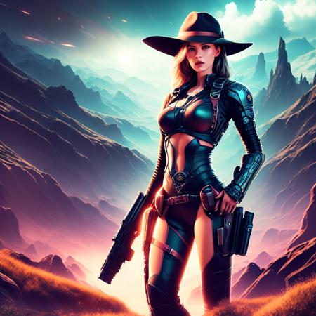 an attractive woman [gunslinger:bounty hunter:0.4] standing in a scifi wilderness (glitchwave style:1) <lora:djzGlitchWave_LB2:0.8>