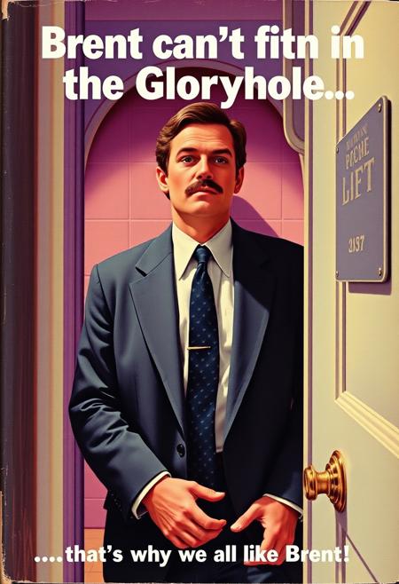 A pulp romance novel, Cover is a man with a mustache wearing a suit an tie in a public restroom stall. Looking down at the gloryhole. Title "Brent can't fit in the Gloryhole..." Subtitle "...that's why we all like Brent!