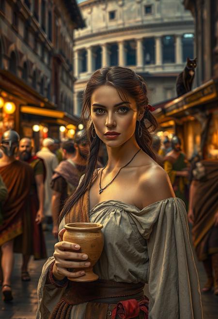 Setting is a 1st century Roman Empire market in Rome at night, the market is comprised of street vendors selling, food, weapons, and clothing. Everyone and everything in the image is appropriate for a scene from Ancient Rome, People wearing Roman clothing are walking through the street market shopping and eating, in the foreground is a merchant selling beverages and food at a market kiosk, (((a beautiful woman, 24 years old is standing in the foreground, the woman  facing the viewer with a clay goblet of wine in her hand. Her eyes are beautiful and focused on the viewer, she has an expression of interested curiosity))), Roman Soldiers are walking behind the beautiful woman, one of the solders turns to look at the beautiful woman, many people are walking by in the busy street market, the woman is dressed in high fashion Roman Empire clothing with an alluringly sexual, but traditional roman aesthetic. The woman's hair is elegantly tied up with a ribbon. Artistic ancient Roman aesthetic, dynamic perspective, (((overall architectural aesthetic is Ancient Rome in 1st Century Roman Empire era))).  Epic image that elicits a feeling of wonder and awe, Rome Coliseum Roman Forum architecture in background, a sleek black cat is visible sitting on a kiosk roof in the background,