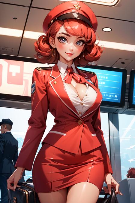 (masterpiece, best quality:1.4), ultra-detailed, finely detailed, intricate details, smooth lighting, (depth of field, cowboy shot), realistic, perfect female form, flirty, teasing, stewardess, standing, (perfect face, detailed face), pink lips, glossy lips, eyeliner, blush, makeup, (expressive eyes), (red hair, curly hair), (natural breasts, cleavage), curvy body, enchanting smile, (stewardess uniform, red uniform), open blazer, unbuttoned shirt, (pilot cap), (airport, lounge),