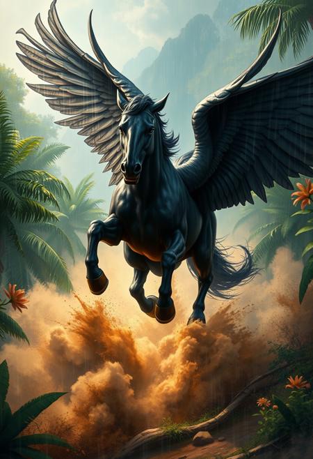 complex illustration of a mighty black winged pegasus in the jungle very fast running to the viewer, muscular, vascular, trees and flower, in a massive cloud of dust, aggression, anger, hyperrealistic scene, heavy rain, detailed focus, art by Aaron Jasinski, epic fantasy scene, vivid colors, Enchanted Masterpiece, Fantasy Core, Award-Winning, Masterpiece, contrast, faded,