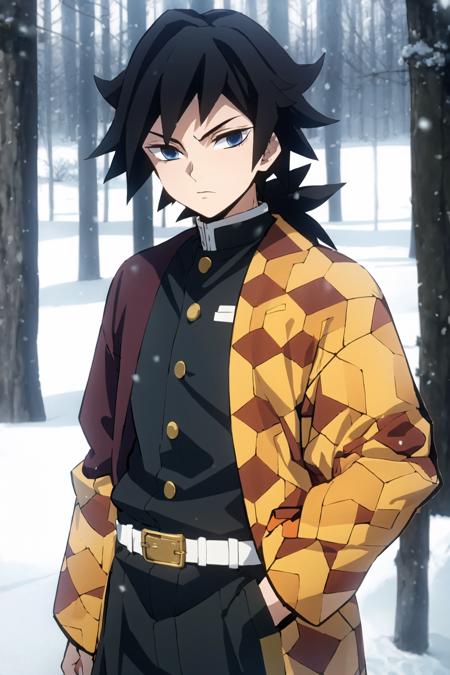 tomioka giyuu, demon slayer, 1boy, solo, upper body, winter, snow, forest, tree, nature, snowing, long hair, looking at viewer, blue eyes, black hair, long sleeves, standing, jacket, male focus, outdoors, japanese clothes, belt, black jacket, black pants, haori, white belt, demon slayer uniform, <lora:Giyu_Tomioka:0.8>