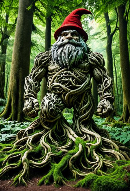 score_9,score_8_up,score_7_up, PG-TR, The image depicts a towering, muscular golem, seemingly composed of twisting roots, vines, and moss, standing majestically amidst a lush, verdant forest. Its form is robust and imposing, with broad shoulders and powerful limbs, intricately detailed with organic textures. In the lower right corner of the frame, a small gnome, similar in appearance to the one in the sunflower field image, would be positioned. This gnome, with its distinctive pointed red hat and long white beard, would be looking upwards, seemingly in awe or contemplation, towards the colossal golem. The contrast in size between the diminutive gnome and the enormous golem would be striking, emphasizing the grandeur of the forest guardian. The surrounding environment would be bathed in natural light, filtering through the dense canopy, creating a mystical and fantastical atmosphere.<lora:Treeroots_0_90_multi2_Handprocessed_V2:1>