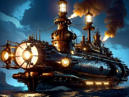 <lora:TechPunkAI:.7> GasLampFantasyAI,DieselPunkAI  battleship  (Highly detailed, amazing retro-futuristic setting), (Shiny Impressive lighting), (Ultra Realistic, High quality, Highly detailed, Sharp focus, 8K UHD, Art photography), (trending on artstation)