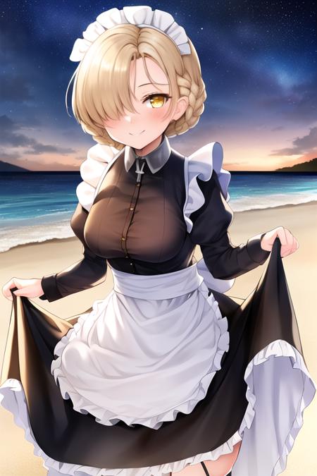 masterpiece, best quality, highres, solo, {night:1.10}, {starry sky:1.10}, beach, beautiful detailed sky, {extremely detailed background:1.20}, {sheffield_azurlane:1.10}, {standing:1.10}, looking at viewer, {bikini:1.30}, yellow_eyes, hair_over_one_eye, braid, short_hair, maid_headdress, breasts, blonde_hair, blush, maid, medium_breasts, bangs, apron, light smile