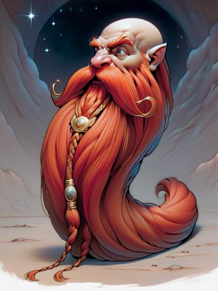 a peculiar dwarf-like being with a head and features typical of a dwarf, but their body is entirely composed of a flowing, long red beard. braided moustache, gold bangles and jewelry, They have no visible arms, torso, or legs, in outer space, rocky planet, starry background, <lora:Harry_Dwarf:1>