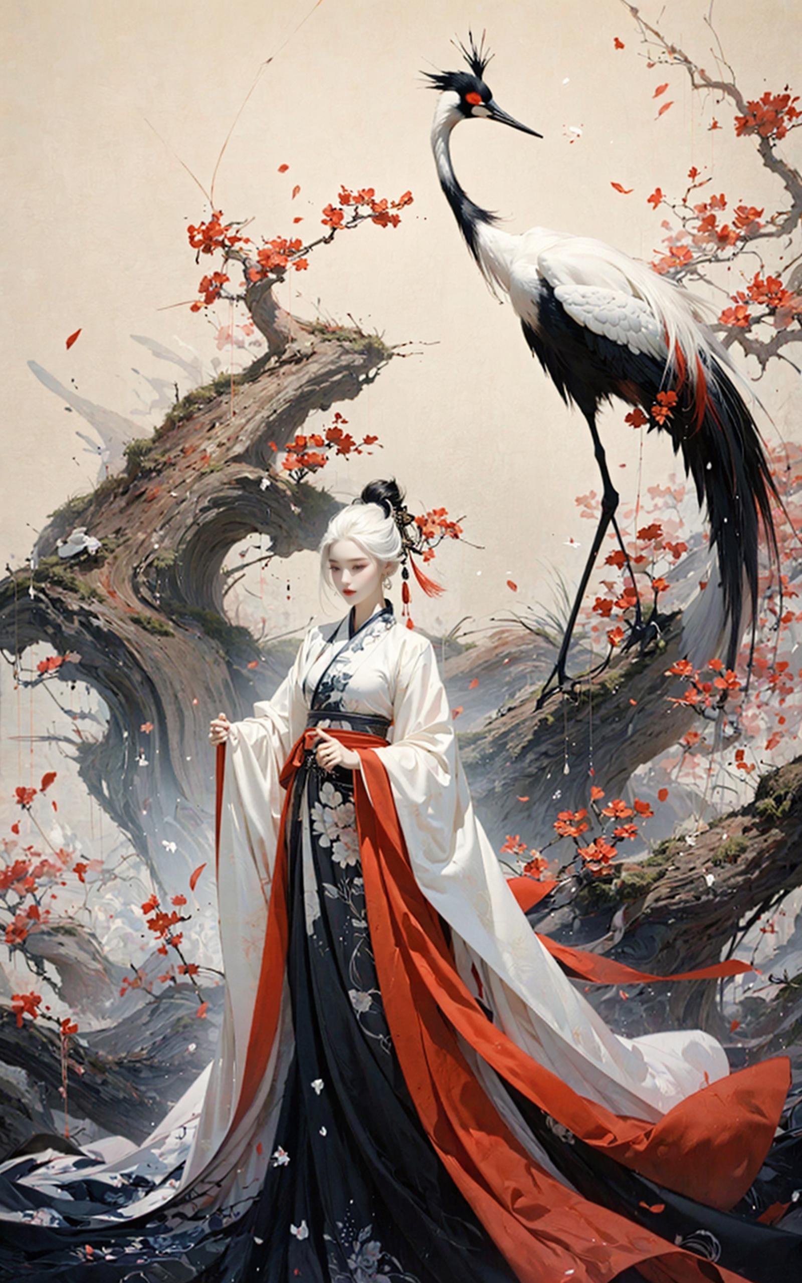 An artistic painting of a woman in a white dress and a bird in a tree.