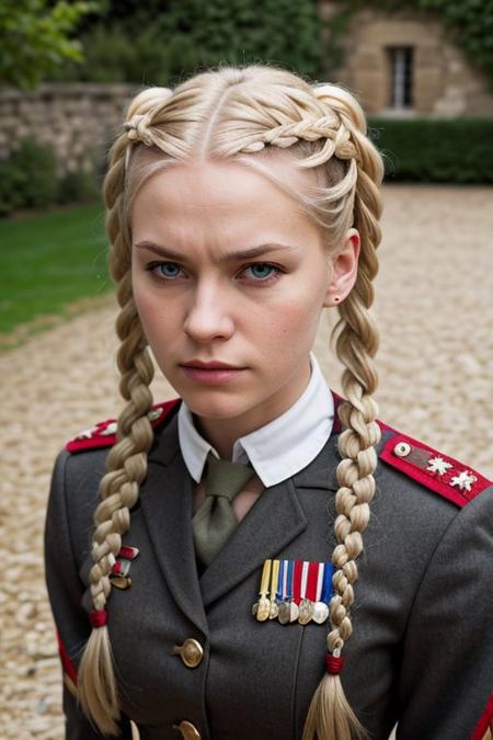 ground level outdoor photo of angry 25YO blonde French female with twinbraids wearing [XVII century] military uniform, bottom-view