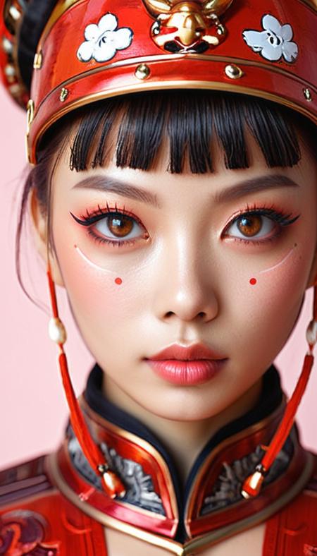 Close-up gorgeous samurai girl face , sexy, hot, cute, petite, (bangs:1.1), light tan, striking red large eyes, aligned eyes, mirror eyes, (half smile:1.1), striking large eyes,
(wearing very detailed Venetian Mask:1.1), small tender chin, pink hair,(double pink hair), round red glasses, samurai armor,
BREAK,
very long lashes, trendy portrait,
tender Aesthetic nose, ears, puffy lips, sensual lips, detailed texture, detailed eyes, detailed skin, clean skin, red Traditional Chinese Clothing,
<lora:Someplastic_b:1>, (ultra sharp focus:1.8), (detailed skin:1.8), (thin lines:1.8), (best quality:1.8),
<lora:Apparatus_-_Traction_City_Walkers_Vehicles:0.7>,
<lora:add-detail-xl:0.7> (ultra sharp focus:1.8), (detailed skin:1.8), (thin lines:1.8), (best quality:1.8),
<lora:glowneon_xl_v1:0.8>