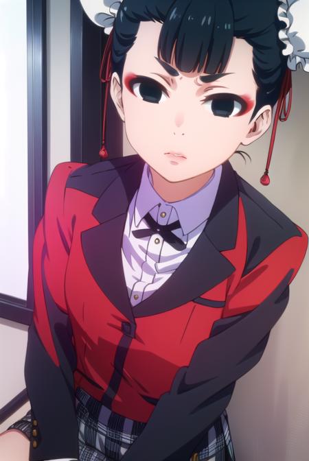 miriyoubami, <lora:miri youbami s2-lora-nochekaiser:1>,
miri youbami, short hair, bangs, black hair, hair bun, (black eyes:1.5), double bun, makeup, empty eyes, bun cover,
BREAK skirt, shirt, school uniform, jacket, white shirt, pleated skirt, collared shirt, black skirt, blazer, (red jacket:1.5),
BREAK indoors, classroom,
BREAK looking at viewer, (cowboy shot:1.5),
BREAK <lyco:GoodHands-beta2:1>, (masterpiece:1.2), best quality, high resolution, unity 8k wallpaper, (illustration:0.8), (beautiful detailed eyes:1.6), extremely detailed face, perfect lighting, extremely detailed CG, (perfect hands, perfect anatomy),