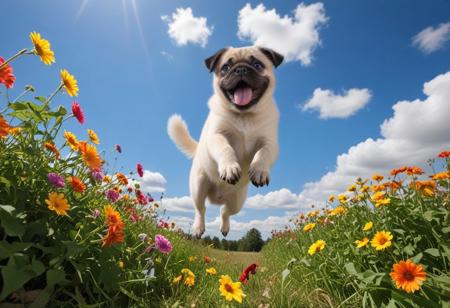 Highly detailed photograph of a pug puppy leaping through the air above a field of colorful flowers. Side view. Floppy ears, floppy tongue, big eyes, very cute, very happy, joyful. Blue sky with fluffy clouds. Bright sun, (god rays).