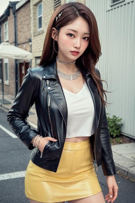 egsihyeon, long hair, night, on a streets, summer, RAW,(8k, best quality, masterpiece:1.2),(intricate details:1.4),(photorealistic:1.4),octane render, complex 3d render ultra detailed, studio soft light, rim light, vibrant details, ultra detailed, realistic skin texture, detailed face, beautiful detailed eyes, extremely detailed CG unity 8k wallpaper, makeup, (detailed background:1.2), (cowboy shot:1.2),(perfect anatomy:1.2),(wide hip:1.1),(black leather jacket, mini skirt, choker, bracelet:1.1), <lora:egsihyeon-v1:1>