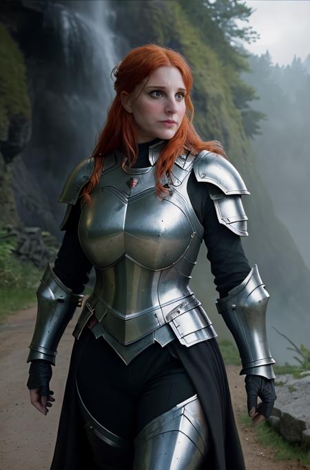 professional photograph of V4lka woman, redhead, full body, she's a holy paladin, d&d, wearing full plate armor, her silver plate armor has a dragon's head embossed on the chestplate, dragon imagery on the armor, she's wearing a long red cloak, she's on a mountain road by a waterfall, epic, high fantasy, d&d genre, fantasy genre, epic movie shot, she's got a determined face, she's walking on ther oad, 4k, 8k, masterpiece, highest quality, bokeh, geiger, (active firefight) (marvel cinematic universe)  highly detailed eyes   <lora:V4lkawoman:1>