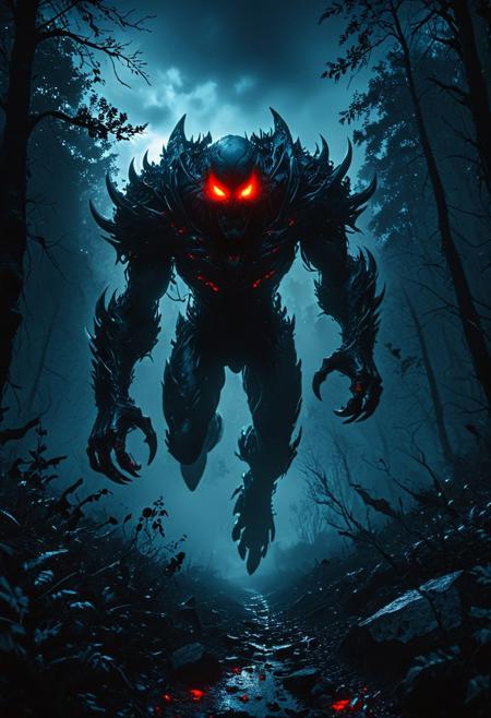 A menacing Forkid descends from the ominous, night sky, its metallic talons glistening as its humanoid visage emerges from the darkness, revealing glowing, bloodshot eyes intent on its quarry. The surrounding forest, thick with foliage, provides a spooky setting for this chilling scene.