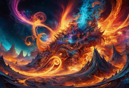a panoramic view of a Shred psychic singularity dream of fire, abstract, surreal, dreamlike, detailed, cosmic, vibrant colors, digital painting, mystical, futuristic, glowing effects, mind-bending composition, 6k resolution, visual storytelling