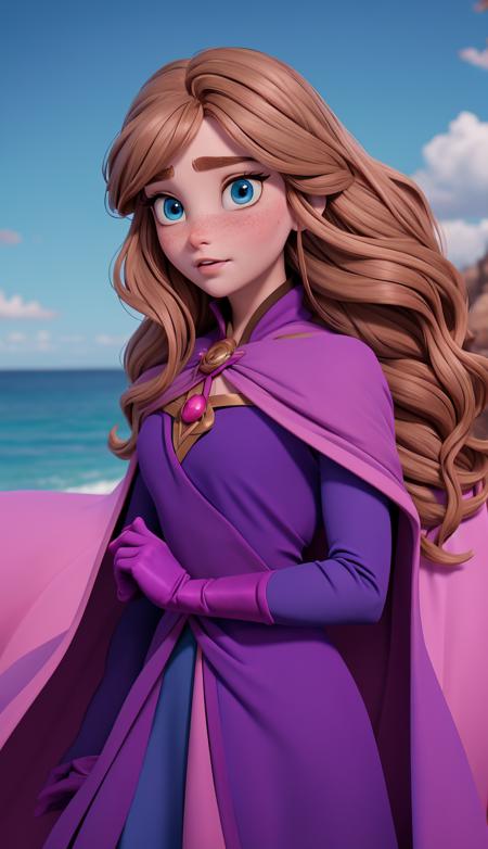 <lora:Anna:1> light brown hair, blue eyes, thin eyebrows, pink lips, fair skin, visible eyelashes, purple cape with magenta lining, teal underdress, dark blue dress with flower motifs, green gloves, blushing cheeks, thick, upper body, freckles, detailed eyes, ocean, sand, sun, palms, upper body