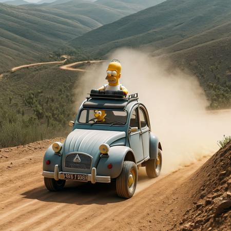 Homer Simpson is sitting in a 1950's citroen 2CV, on a dangerous mountain dirt track, dust, big offroad tyres, in a jump, dynamic atmospheric view ais-plasticz