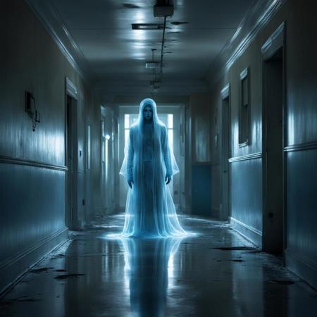 Design an unsettling and surreal artwork of a holographic apparition materializing in a long-abandoned mental hospital hallway. The spectral figure should cast an eerie, bluish glow, contrasting with the decaying surroundings and fractured, broken reflections in the corridor's windows. Illustration, Masterpiece, dark atmosphere, Abandoned Mental Hospital, Eerie Apparition, Broken Glass Reflections, Blue Holographic Glow, Surreal Atmosphere, Ominous Lighting.