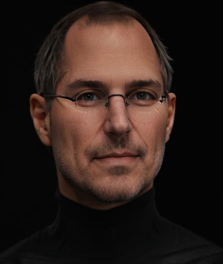 s7t3j0, man ((Gradient black background)), detailed eyes, (close portrait photo), Against the light, (Turtleneck), Glasses, smile 