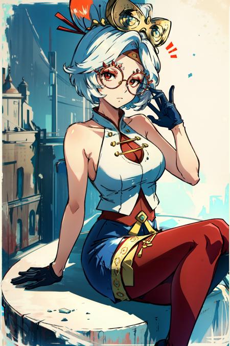 <lora:purah:1>  purah, sitting, black gloves, white hair, short hair, solo, sleeveless, looking at viewer, red eyes, 1girl, large breasts, glasses, round eyewear, hair ornament, red pantyhose, skirt, pantyhose, bare shoulders, gloves, red-framed eyewear