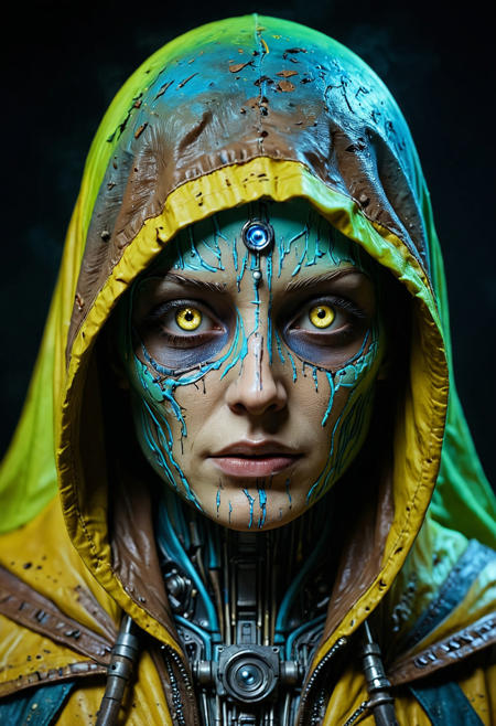 Close-up of the portrait (full-length: 1.3), the face is vertically divided into two parts: the left side is yellow with hand-drawn symbols and scribbles Brown, the right side is dark blue with cybernetic implants and exposed mechanical parts Acid green. The left eye glows neon yellow Aqua, contrasting with the shaded right side. Partially covered with a battered hooded cape, cinematic lighting in the noir style of the 1940s, chiaroscuro, dramatic volumetric fog, hyperdetalized skin textures, "octane rendering" style, realistic Unreal 8k engine,
<lora:aidmaImageUpgraderSDXL-v0.3:1> aidmaImageUpgrader,  <lora:DetailedEyes_V3:1.3>