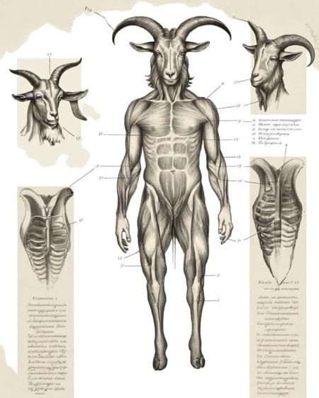 An unsettling dissection illustration of a satyr:1.9, highlighting its goat-like lower half:0.6, human torso:0.7, and mischievous expression:0.6, all rendered in the eerie aesthetic of The Resurrectionist:0.9, capturing its mythical hybrid:0.8 in unsettling detail:0.7.<lora:The_Resurrectionist:1.0>