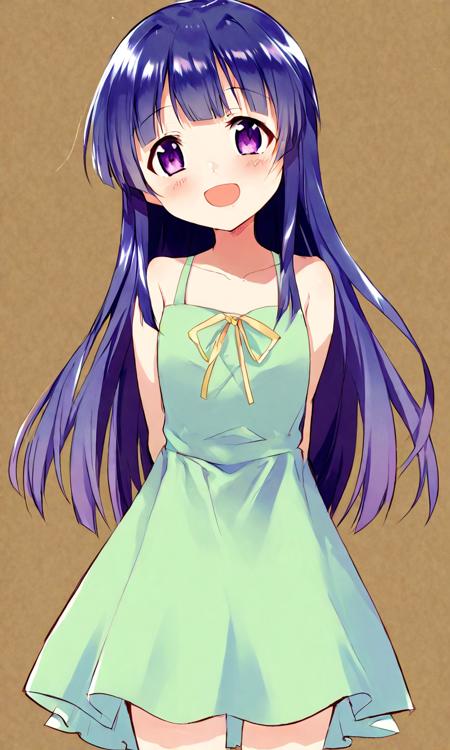 by mamenomoto, furude rika, 1girl, blue hair, blunt bangs, brown background, child, dress, eyebrows, green dress, hands on own hips, hime cut, long hair, open mouth, purple eyes, simple background, smile, solo, sundress, teeth, upper teeth only, <lora:sdxl - Char - Furude Rika - Bionagato>