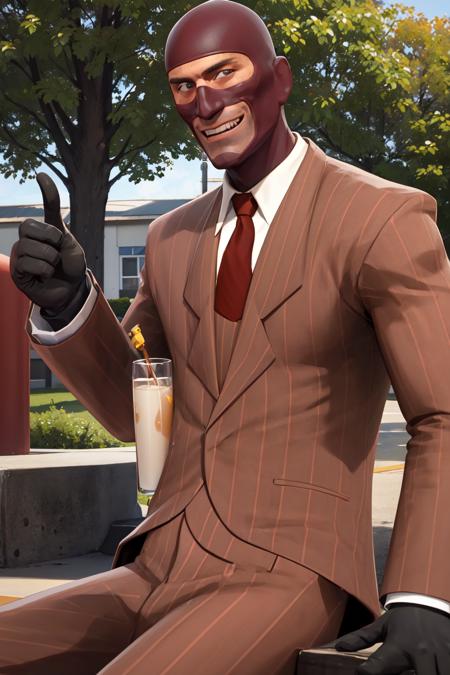 masterpiece, solo, upper body, tf2spy, redteam, facial hair, detailed eyes, red suit, red necktie, glack gloves, front view, smiling, detailed background, outdoors, smiling, sitting, thumbs up, looking at viewer, <lora:spylorav1:0.8>