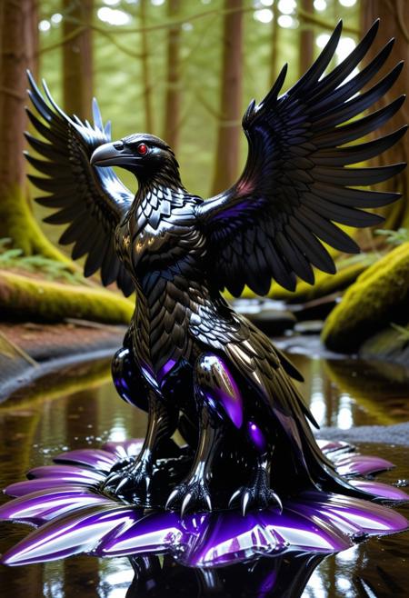 shnywrld, A dark, endless forest where the trees are made of twisted, petrified ink, their branches stretching toward a sky that shifts between deep purple and glistening black. High above, flocks of latex crows take flight, their wings rippling like liquid metal, leaving behind trails of shimmering darkness. Their beaks drip with an inky substance that corrupts anything it touches, turning the ground into a glossy, living surface. Deep in the heart of the forest, a colossal raven with mirrored eyes watches, its talons curled around an obsidian throne. Occasionally, it spreads its wings, sending waves of liquid latex cascading down like a silent, sentient storm.