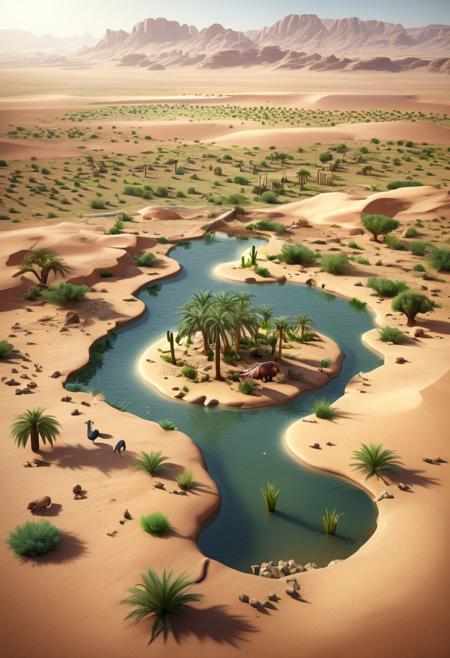 Photo-realistic, high-resolution, high-quality image of a large desert landscape with a small oasis at its center. Surrounding the oasis, lush green vegetation and animals are drinking from the water source.