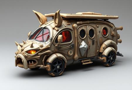 concept, a medieval styled motorhome, powered by magic crystals, themed and shaped like a fat cat, made up of various animal parts, includes bones shells fangs claws in its construction,