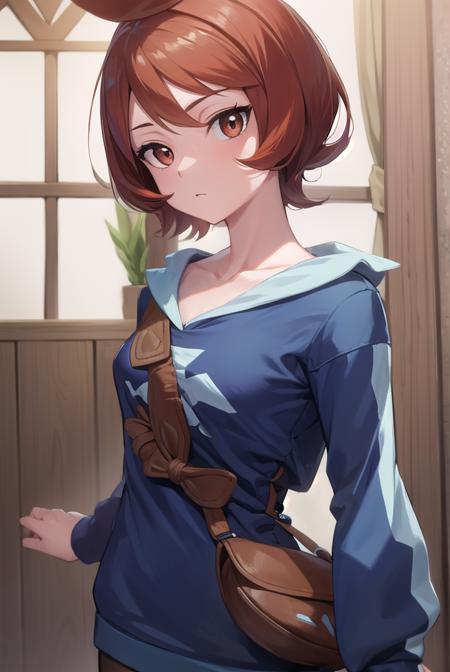 pokemonarezu, brown hair, cowlick, short hair, (brown eyes:1.5), black footwear, boots, collarbone, diamond clan outfit, jacket, long sleeves, pantyhose,