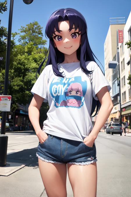 masterpiece, best quality, absurdres, perfect anatomy, 1girl, solo, hikawaIona, long hair, graphic tee, denim shorts, standing, outdoors, city, hands in pockets, smile, <lora:CureFortune:0.9>