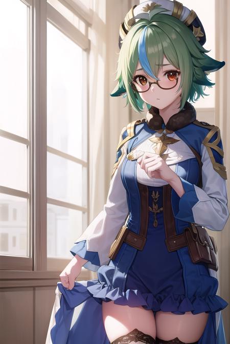 sucrose, <lora:sucrose-lora-nochekaiser:1>,
sucrose, ahoge, animal ears, (brown eyes:1.5), glasses, gradient hair, hair between eyes, messy hair, multicolored hair, semi-rimless eyewear, short hair, green hair,
BREAK frills, fur collar, gem, gloves, green thighhighs, long sleeves, thighhighs, white headwear, zettai ryouiki, skirt, blue skirt,
BREAK indoors, laboratory,
BREAK looking at viewer, (cowboy shot:1.5),
BREAK <lyco:GoodHands-beta2:1>, (masterpiece:1.2), best quality, high resolution, unity 8k wallpaper, (illustration:0.8), (beautiful detailed eyes:1.6), extremely detailed face, perfect lighting, extremely detailed CG, (perfect hands, perfect anatomy),