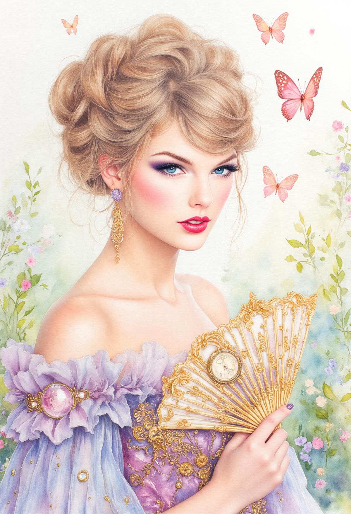 ArsMJStyle, watercolor with pastel hues, Steampunk Rococo style, A noblewoman taylor swift with intricate, curly hair styled into an updo, adorned with miniature clock gears and pearls. She wears an opulent gown with layered ruffles and holds a delicate, steam-powered fan. The background is a soft, dreamy garden with mechanical butterflies.