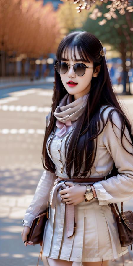 masterpiece,highres, highest quality,intricate detail,best texture,realistic,8k,soft light,perfect shadow, sunny,modern city,crowding falling leaf, portrait,erjie,1girl,high school uniform,alternative hair,cute pink lips,Short scarf, cowboy boot, big gold necklace,famous watch, smoking the cigar,light sunglasses,thumb up,walking,Luxury, weapons on waist,street shot,