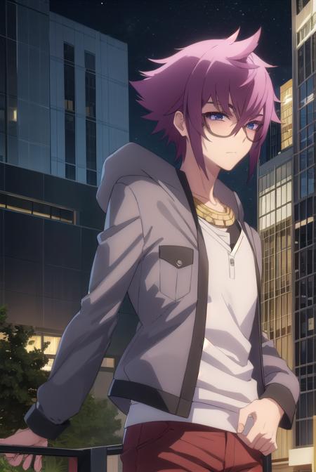 yuuyamirokuji, <lora:yuuya mirokuji s1-lora-nochekaiser:1>,
yuuya mirokuji, purple hair, male focus, sunglasses,
BREAK necklace, chain, jacket, grey jacket, pants, red pants, shirt, white shirt,
BREAK outdoor, city, night, sky, buildings, moon, clouds,
BREAK looking at viewer, (cowboy shot:1.5),
BREAK <lyco:GoodHands-beta2:1>, (masterpiece:1.2), best quality, high resolution, unity 8k wallpaper, (illustration:0.8), (beautiful detailed eyes:1.6), extremely detailed face, perfect lighting, extremely detailed CG, (perfect hands, perfect anatomy),