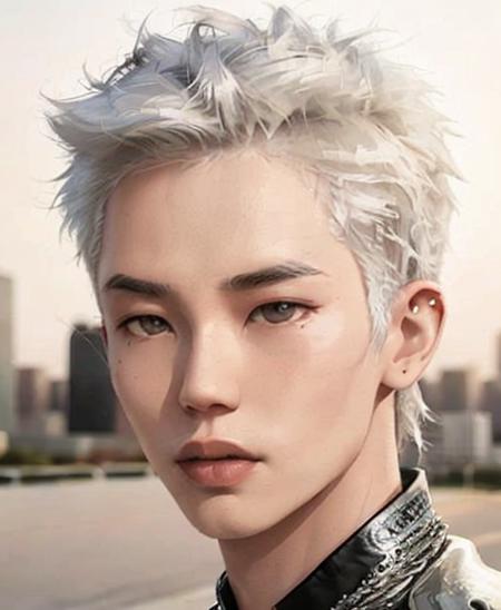 Pretty Boy, Asian man, punk, silver hair, pale skin, modern city background, close up shot, <lora:PrettyBoy:1> <lora:samdoesartsSamYang_offsetRightFilesize:0.6>