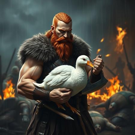 anatomically correct, (hyper realistic, ultra detailed),complex shadows, intricate details, viking, warrior, muscular, leather armour, fur on armour, red hair, short hair, large beard, braided beard, white duck, black eyes, fluffy, short, standing, viking is holding white duck, viking is holding white duck as if it were a weapon, white duck is being wielded like an axe, white duck is small, white duck looks ready for violence, viking looks ready for violence, battle ground, dark, fire, fighting in background, weapons, dead bodies on ground, raining,