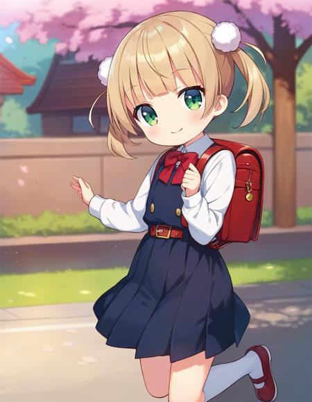 score_9,score_8_up,score_7_up,score_6_up BREAK official art,solo,outdoors,smile,looking at viewer,facing viewer,chibi,aged down,child,Shigure Ui(chibi),short hair,light brown hair,twintails,pom pom hair ornament,hair intakes,green eyes,school uniform,bangs,red bow,collared shirt,white shirt,long sleeves,randoseru,red backpack,belt,black dress,sleeveless dress,pleated dress,pinafore dress,flat chest,kneehighs,white socks,black footwear,uwabaki,<lora:Shigure Ui(chibi)-Pony>,<lora:Smooth Anime Style LoRA XL:0.8>,